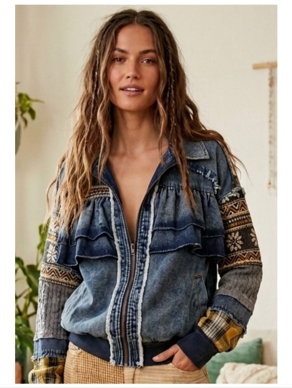 Boho Patchwork Denim Ruffle Jacket with Plaid